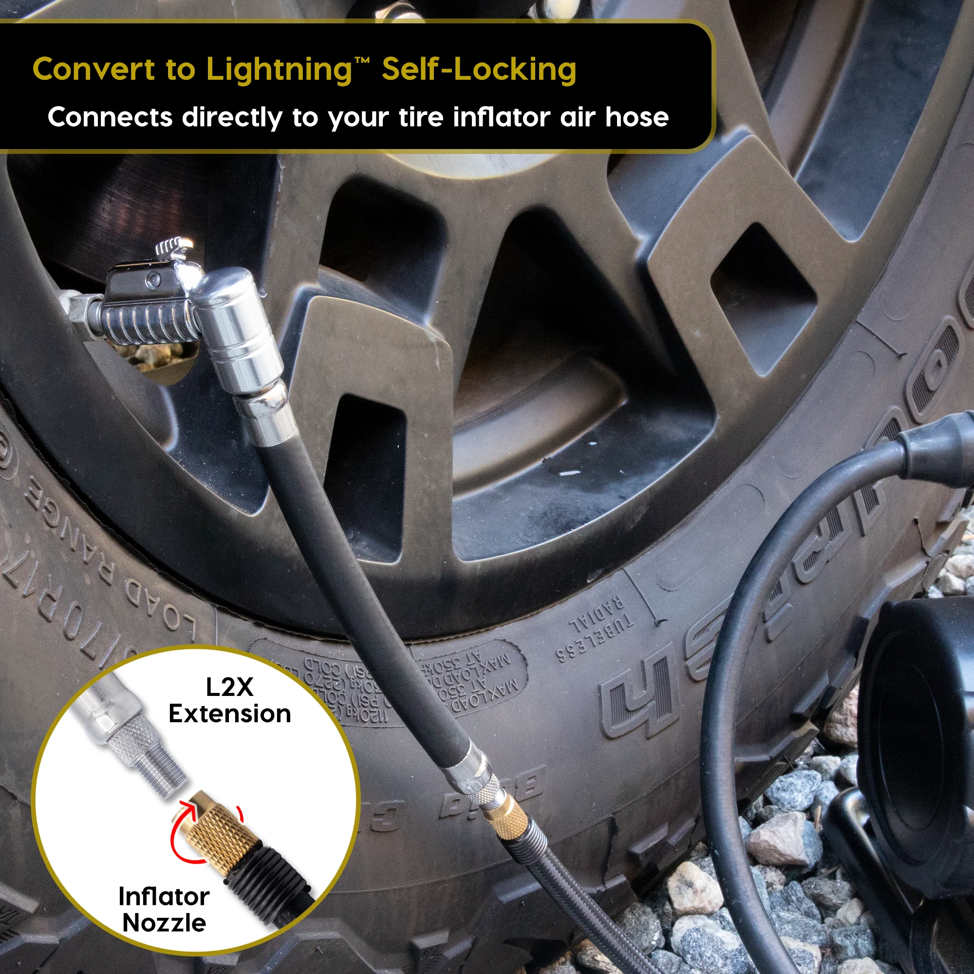 Lightning™ L2X Quick-Connect Locking Tire Inflator Air Chuck Extension | Patented Lock-on Compressor Hose Attachment (Open Flow) - Image 4